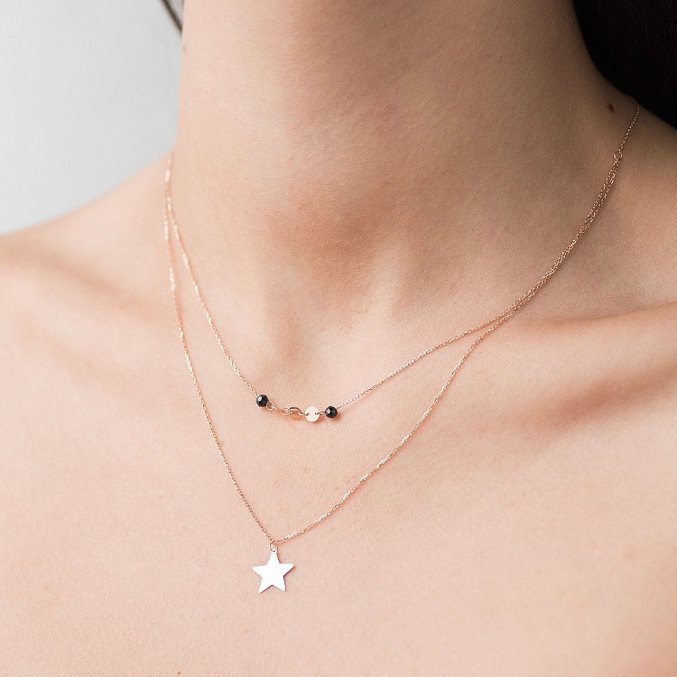 Двойное золотое колье "Звездочка" с черными фианитами кол01525 от ювелирного магазина Оникс - 1