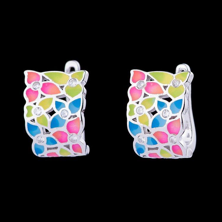 Срібні сережки (фіаніти, емаль) 122016 від ювелірного магазину Онікс - 1