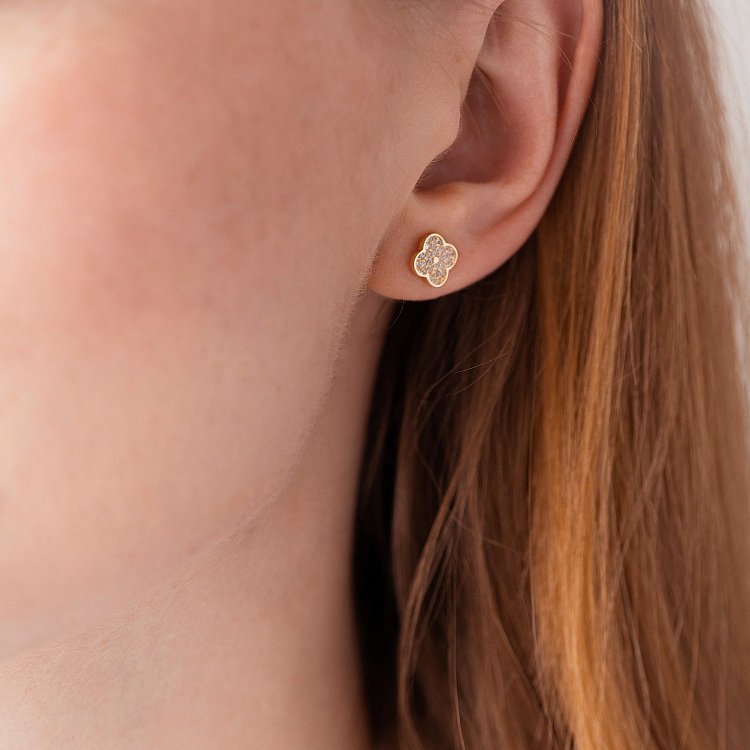 Золотые серьги - пусеты "Клевер" (фианиты) с07890 от ювелирного магазина Оникс - 6