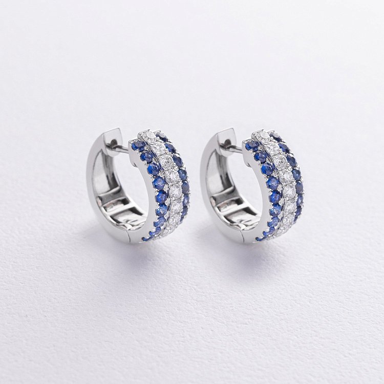 Золоті сережки - кільця (діаманти і сапфіри) сб0579cha від ювелірного магазину Онікс