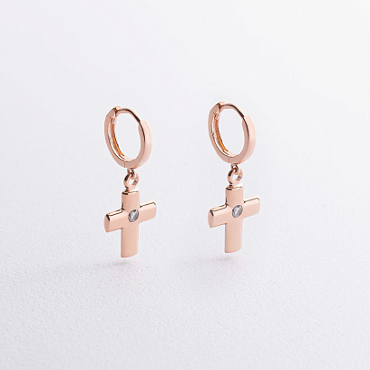 Золотые серьги "Крестики с фианитами" с04415