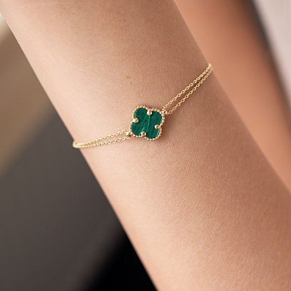 Подвійний браслет "Конюшина" в жовтому золоті (малахіт) б04823 №3