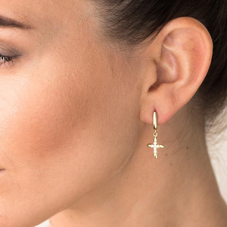 Золоті сережки "Хрестики" з фіанітами с05625 від ювелірного магазину Онікс - 2