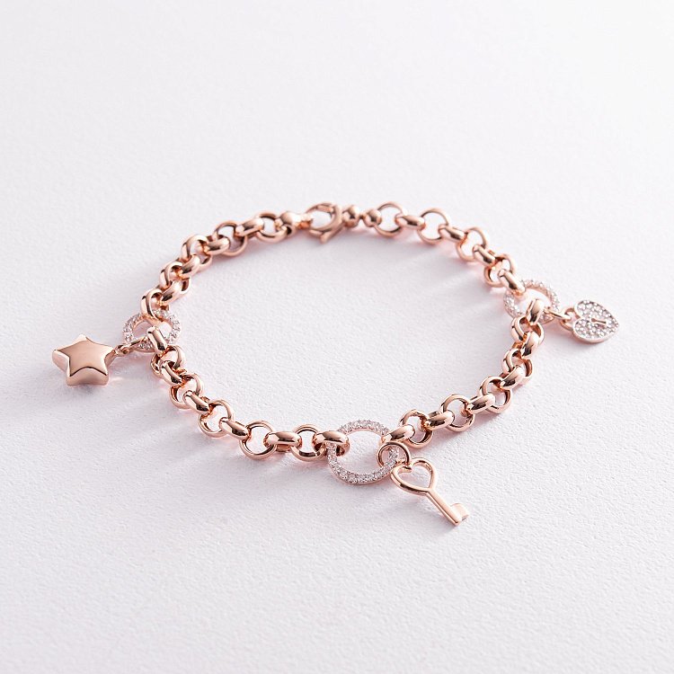 Браслет в красном золоте "Сердце, ключ и звездочка" (фианиты) б04876 от ювелирного магазина Оникс