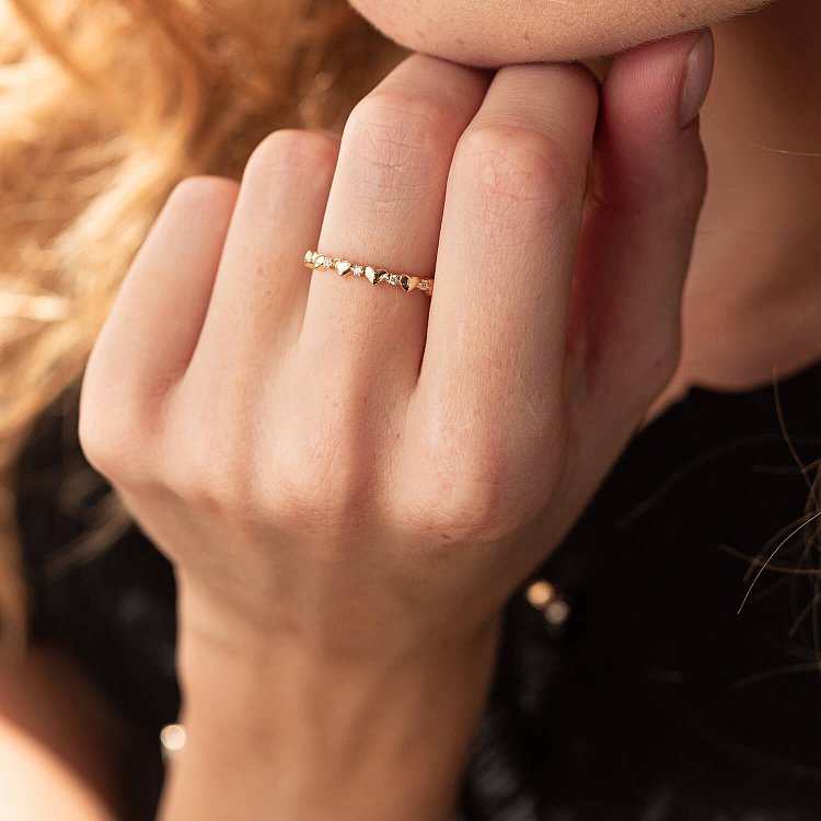 Каблучка "Сердечка" з фіанітами (жовте золото) к07113 від ювелірного магазину Онікс - 4