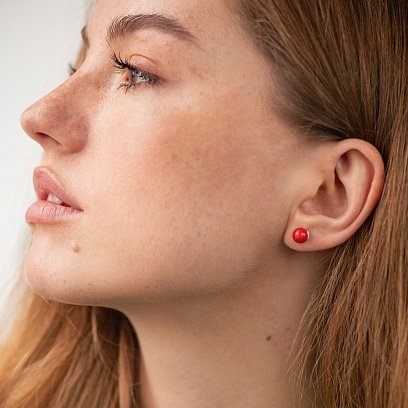 Сережки - пусети з коралом (біле золото) с08876 №4