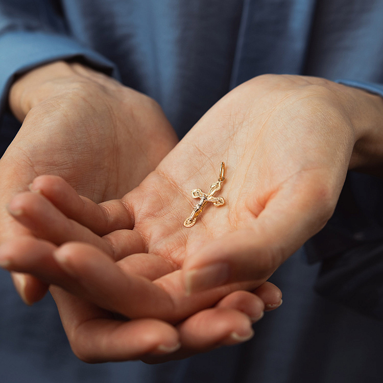 Золотой православный крестик "Распятие. Спаси и сохрани" (на укр. языке) п01675 от ювелирного магазина Оникс - 1
