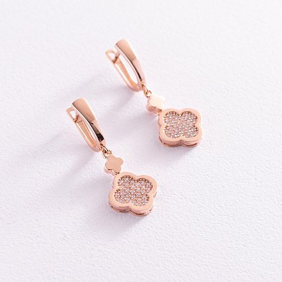 Серьги "Клевер" в красном золоте (фианиты) с07632