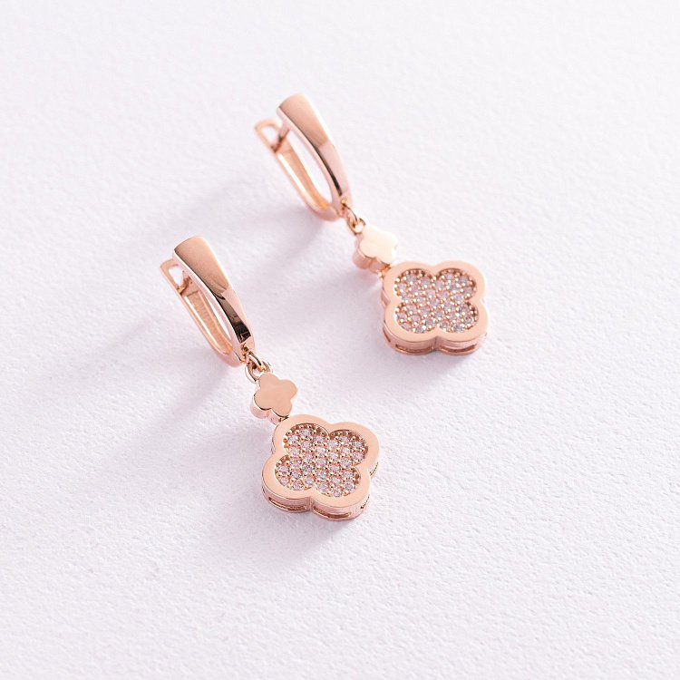 Серьги "Клевер" в красном золоте (фианиты) с07632 от ювелирного магазина Оникс