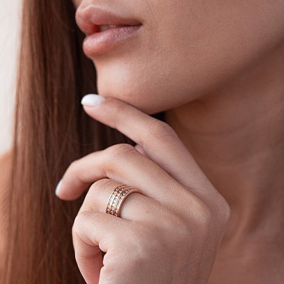 Потрійна каблучка з червоного золота з фіанітами к02642 №3