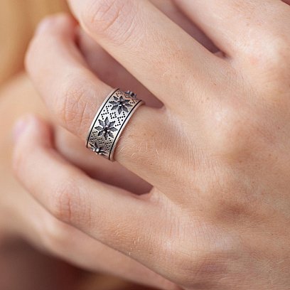 Серебряное кольцо "Вышиванка" (черные фианиты) 1113ч №7