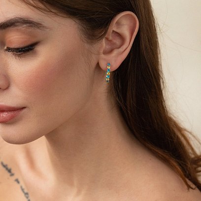 Серебряные серьги - кольца с голубыми и желтыми фианитами OR126610 №4