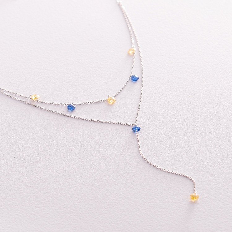 Двойное золотое колье - галстук "Украинка" (синие и желтые фианиты) кол02332 от ювелирного магазина Оникс