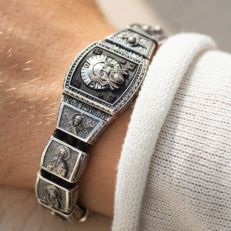 Срібний браслет "Господь Вседержитель. Образи святих" (ебенове дерево, фіаніт) 944 від ювелірного магазину Онікс - 1