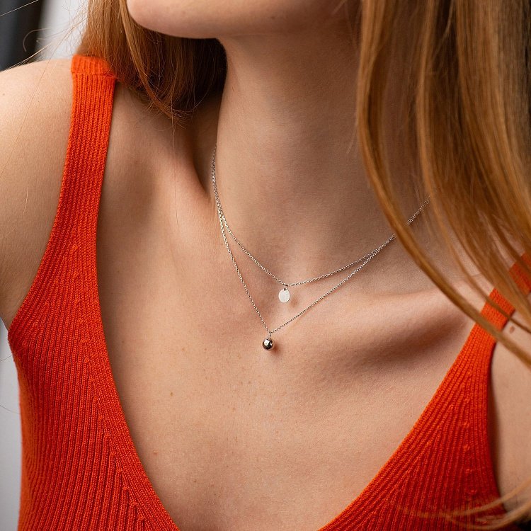 Двойное колье "Шар и монетка" в белом золоте кол01893 от ювелирного магазина Оникс - 7