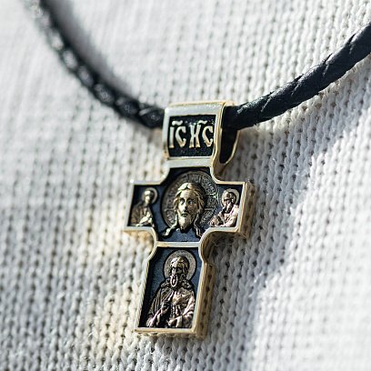 Золотой православный крест "Спас Нерукотворный. Святитель Николай Чудотворец. Георгий Победоносец" п03840 №4