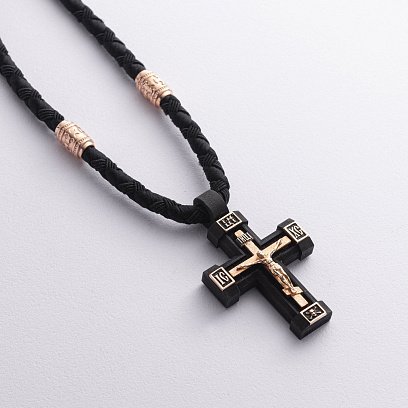 Чоловічий православний хрест "Розп'яття. Спаси та Збережи" на шнурі з ебенового дерева та золота кол02523 №5
