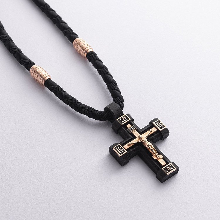 Чоловічий православний хрест "Розп'яття. Спаси та Збережи" на шнурі з ебенового дерева та золота кол02523 від ювелірного магазину Онікс - 4