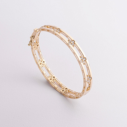 Жорсткий браслет "Конюшина" в жовтому золоті (фіаніти) б05745