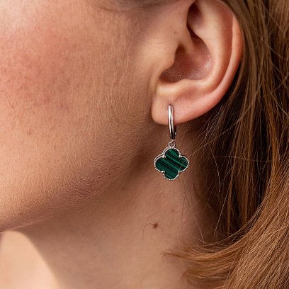 Серебряные серьги "Клевер" (малахит) 122840 №4