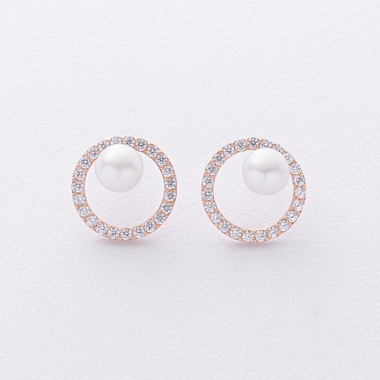 Золотые серьги - пусеты "Круговорот" (жемчуг, фианиты) с09178 от ювелирного магазина Оникс