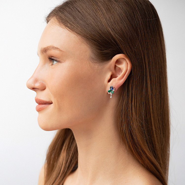 Золоті сережки - пусети з діамантами, смарагдами і сапфірами сб0592nl від ювелірного магазину Онікс - 3
