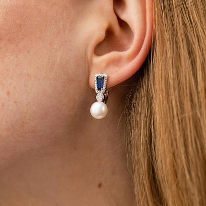 Срібні сережки з перлами, гідротерм. сапфірами та фіанітами 2488/1р-PWTNS №4