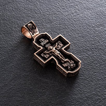 Золотий хрест "Господь. Архангели Михаїл та Гавриїл. Ангел Хранитель. Святитель Миколай. Сергій Радонезький" з ебеновим деревом 980з №3