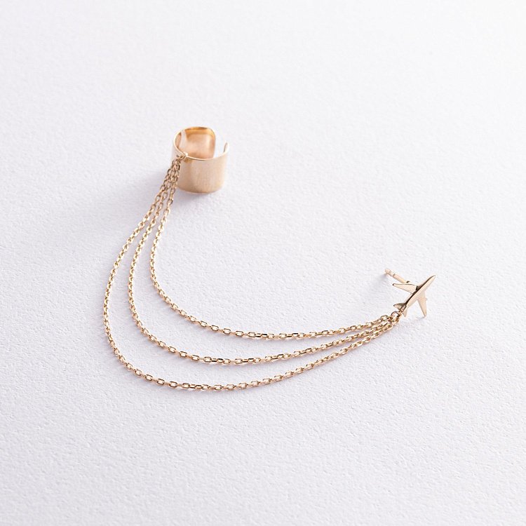 Серьга - каффа "Самолет" в желтом золоте с цепочками с08385 от ювелирного магазина Оникс - 2