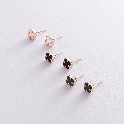 Cерьги - пусеты "Клевер" с перламутром mini (красное золото) с08403 №10