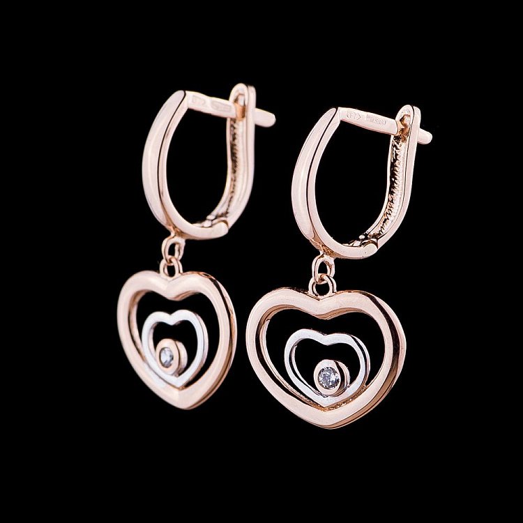 Золотые серьги "Сердечко" с фианитами с04829 - 1 Золотые серьги "Сердечко" с фианитами с04829 от ювелирного магазина Оникс - 1