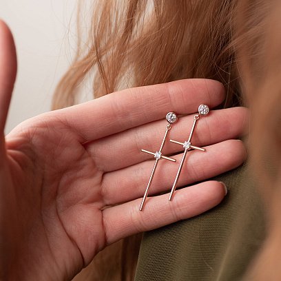 Сережки - пусети "Хрести" в червоному золоті (фіаніти) с07362 №4