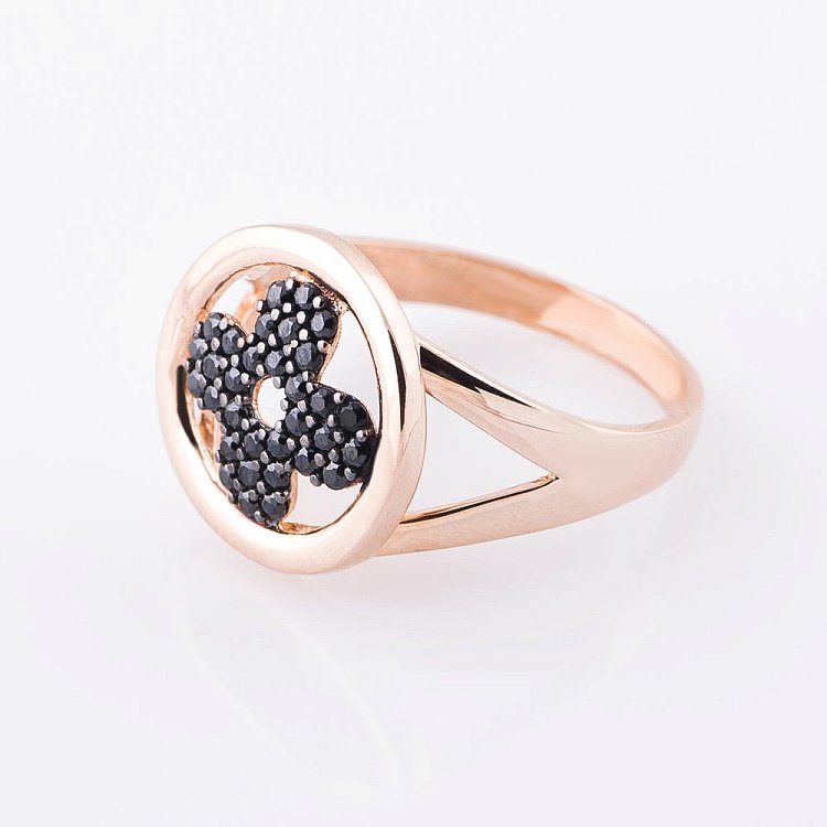 Золота каблучка "Конюшина" з чорними фіанітами к05180 від ювелірного магазину Онікс - 1