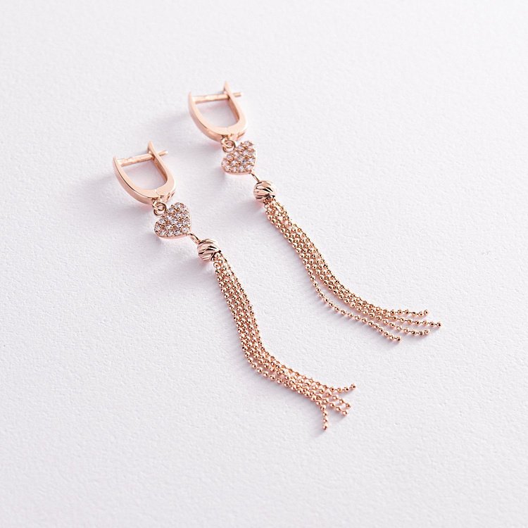 Золоті сережки "Сердечки" з ланцюжками (фіаніти) с07826 від ювелірного магазину Онікс