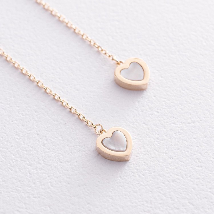 Сережки - протяжки "Сердечки" з перламутром (жовте золото) с08575 від ювелірного магазину Онікс - 3