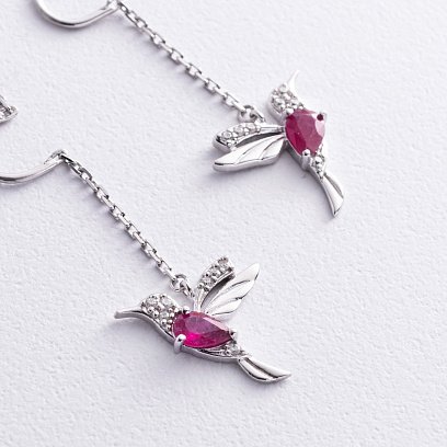 Срібні сережки - протяжки "Колібрі" (фіаніти, рубіни) GS-02-189-4410 №2