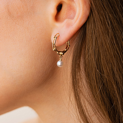 Серьги - кольца "Фантазия" с жемчугом (желтое золото) mini с09628 №4