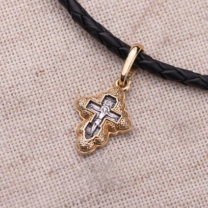 Серебряный православный крестик с позолотой 131754 №3