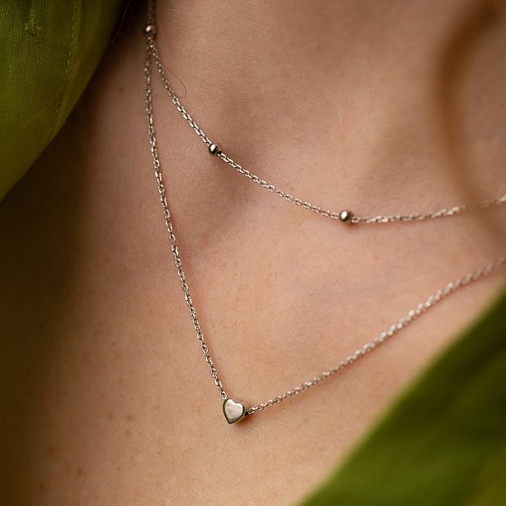 Двойное серебряное колье "Сердечко и шарики" 908-01239