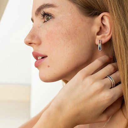 Золоті сережки - пусети з різнокольоровими сапфірами і діамантами сб0405nl №7