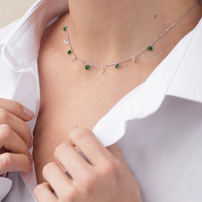 Кольє у білому золоті (зелені та білі фіаніти) кол02307 №8