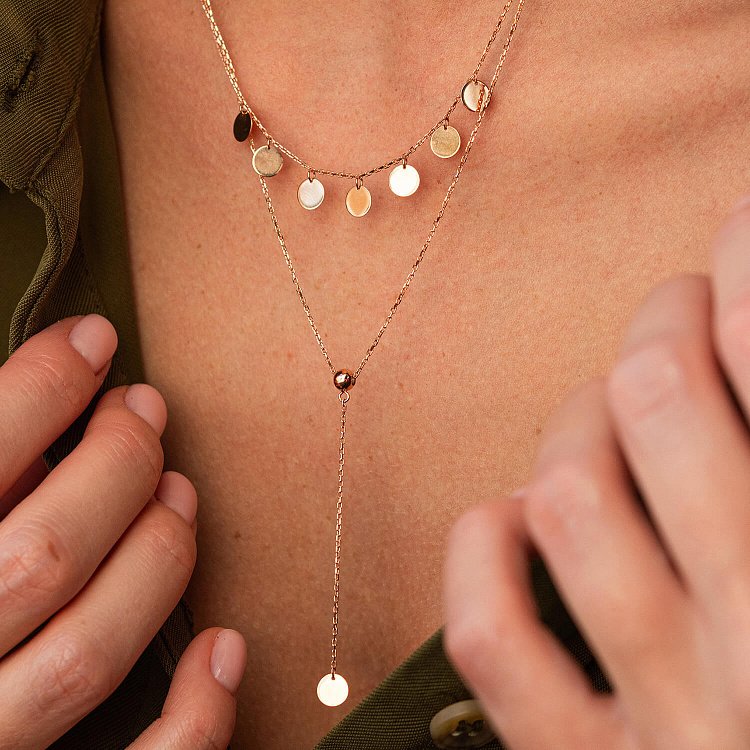 Двойное колье - галстук "Монетки" в красном золоте кол02284 от ювелирного магазина Оникс - 5