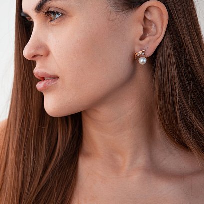 Золотые серьги с фианитами и жемчугом с01636 №2