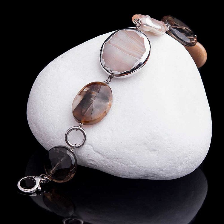 Браслет з агатом, кварцом димчастим і культ. прісн. перлами BRDR084 від ювелірного магазину Онікс - 1