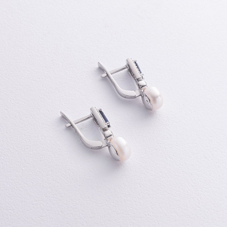 Срібні сережки з перлами, гідротерм. сапфірами та фіанітами 2488/1р-PWTNS від ювелірного магазину Онікс - 2