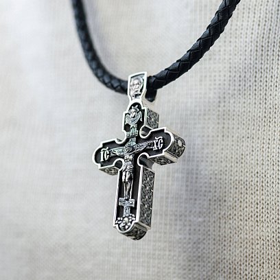 Мужской православный крест "Розп'яття. Спаси и Сохрани" (на укр. языке) из эбенового дерева и серебра 1214 №4