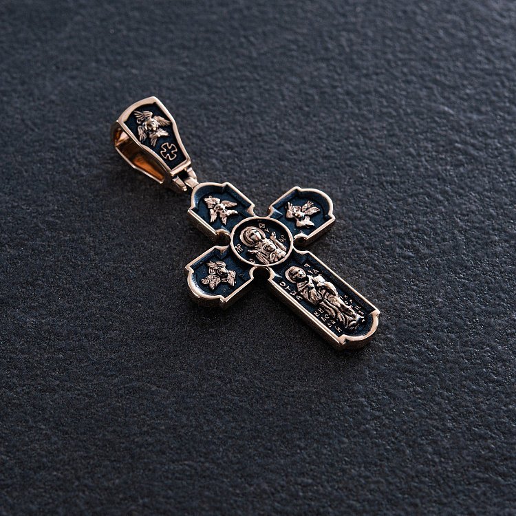 Православный золотой крест "Распятие Христово. Спас Нерукотворный. Икона Божией Матери знамение. Святитель Николай" п02699 от ювелирного магазина Оникс - 8