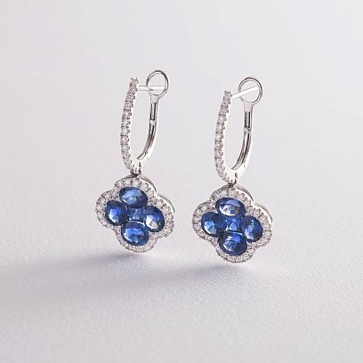 Золоті сережки "Конюшина" з синіми сапфірами і діамантами E00706mi