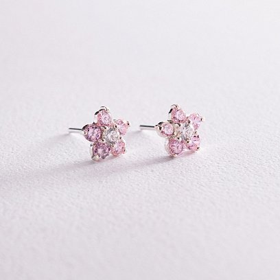 Серебряные серьги-пусеты "Цветочки" (фианиты) 121481 №3