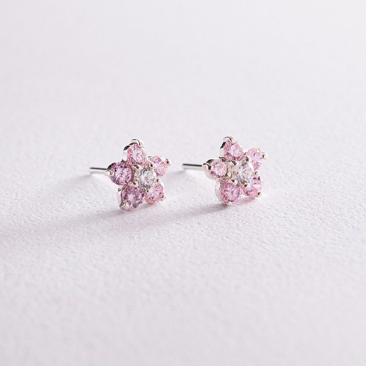 Серебряные серьги-пусеты "Цветочки" (фианиты) 121481 от ювелирного магазина Оникс - 2